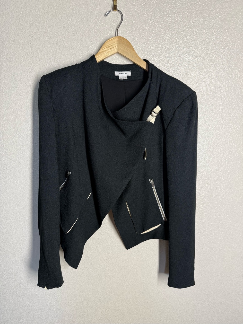 Helmut Lang Black Cropped Draped Blazer with Silver Zips